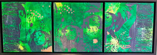 Screen print of a woman amongst a green background, separated into three panels.