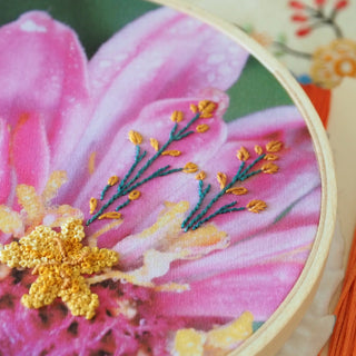 Embroidery on a photographic image of a pink flower.