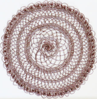 Circular mandala-esque artwork made from thin copper-coloured metal chain.