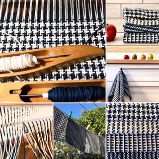 The process of creating your own hand loom woven washcloths and dishcloths, showing the weaving and drying stages.