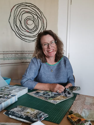 Textile Collage tutor Sally Reynolds working with materials.