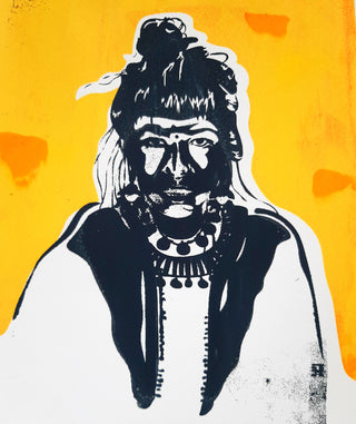 A black and white portrait of an indigenous man screen-printed onto yellow fabric.