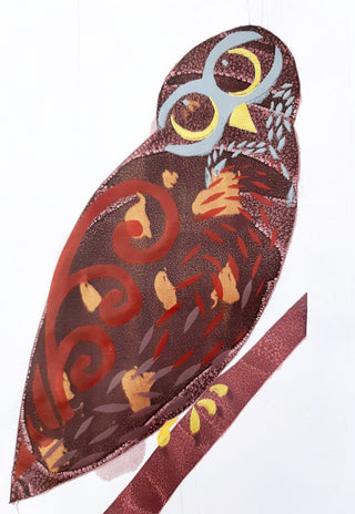 A morepork is screen printed onto paper.