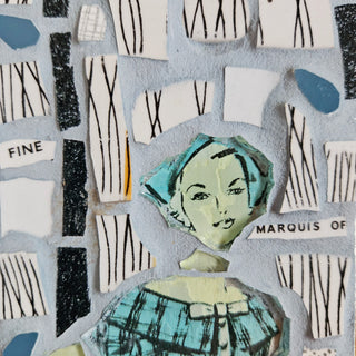 Mosaic mirror piece featuring a woman, text, and abstract fine lines.