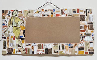 Mosaic mirror piece featuring a woman wearing a vintage outfit amongst an abstract brown. blue and yellow pattern.